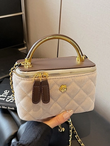 Borsa Box Trapuntata a Rombi da Donna Vintage in Pelle PU Vanity Case Con Manico in Metallo Tracolla a Catena Borsa a Spalla