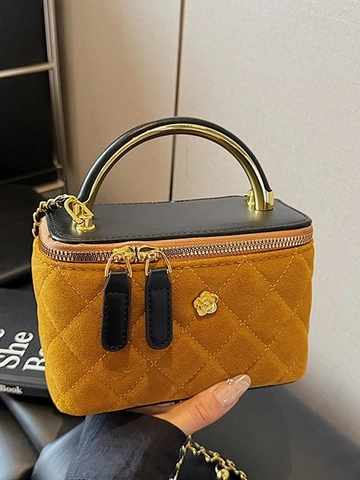 Borsa Box Trapuntata a Rombi da Donna Vintage in Pelle PU Vanity Case Con Manico in Metallo Tracolla a Catena Borsa a Spalla