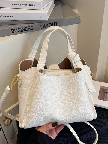 Bolso Cubo de Piel PU Textura de Lichi para Mujer Minimalista Urbano Color Sólido Con Asa Anudada y Correa de Hombro Ajustable