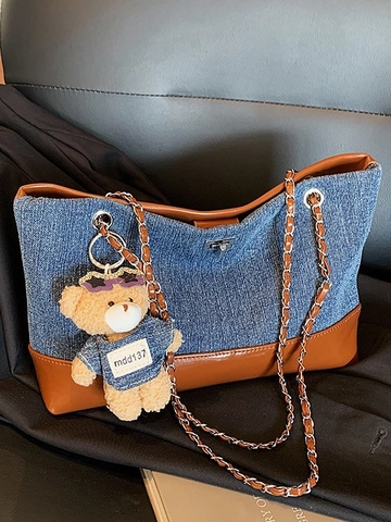 Borsa Tote da Donna in Denim e Pelle PU Patchwork Borsa a Tracolla a Catena Vintage Borsa Sottobraccio Casual con Portachiavi a Orsetto