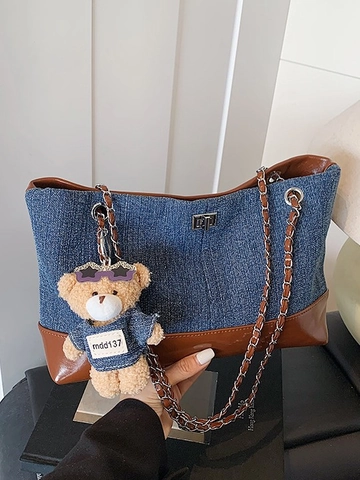 Borsa Tote da Donna in Denim e Pelle PU Patchwork Borsa a Tracolla a Catena Vintage Borsa Sottobraccio Casual con Portachiavi a Orsetto