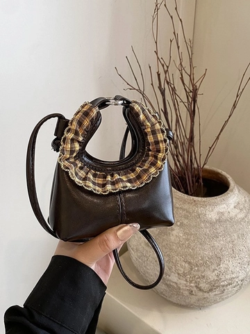 Mini Borsa a Tracolla Retro da Donna Con Manico con Volant a Quadri Borsa a Mano in Pelle PU Elegante Borsa a Spalla Piccola