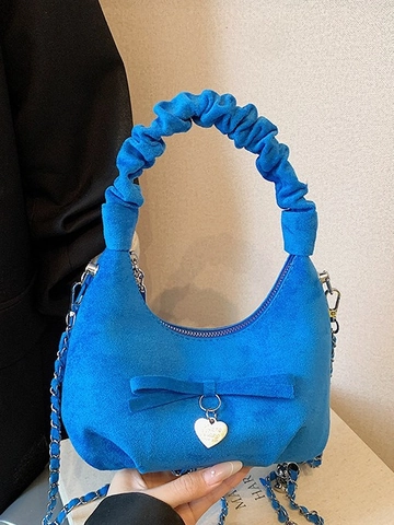 Borsa a Tracolla Mezzaluna in Camoscio da Donna Con Manico Arricciato Decorazione a Fiocco Ciondolo a Cuore Borsa Casual