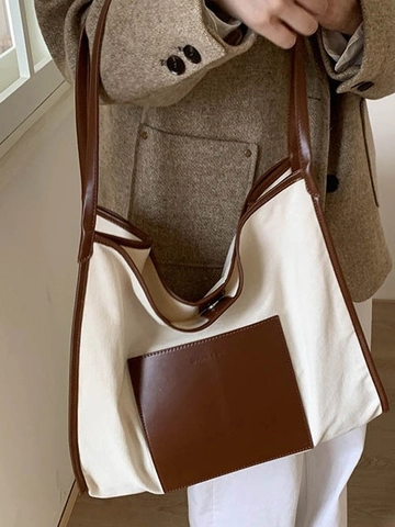 Women Large Capacity Canvas Tote Bag Contrast Color Splicing Minimalist Casual Shoulder Bag Shopping Handbag Commuter Bag