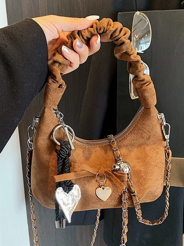Borsa a Tracolla Mezzaluna in Camoscio da Donna Con Manico Arricciato Decorazione a Fiocco Ciondolo a Cuore Borsa Casual