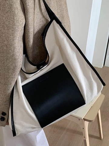Women Large Capacity Canvas Tote Bag Contrast Color Splicing Minimalist Casual Shoulder Bag Shopping Handbag Commuter Bag