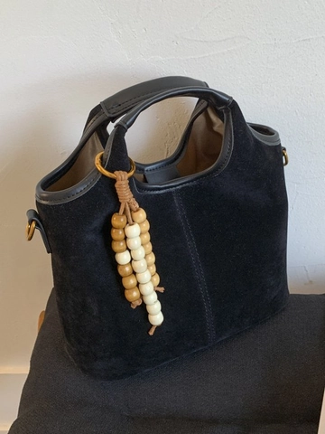 Vintage Suede Texture PU Leather Bucket Bag For Women Minimalist Tote Bag With Bead Pendant Shoulder Crossbody Bag