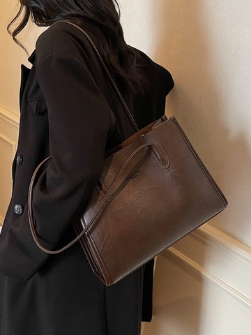 Sac Fourre-tout Vintage en Cuir PU pour Femmes Grande Capacité Bureau Travail Sac à Main Avec Petite Pochette Surpiqûres Rétro Sac à Bandoulière