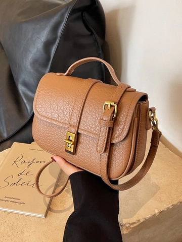 Vintage PU Leder Kieselmaserung Schultertasche Für Damen Mode Kleine Quadratische Umhängetasche Mit Metallschloss Handtasche
