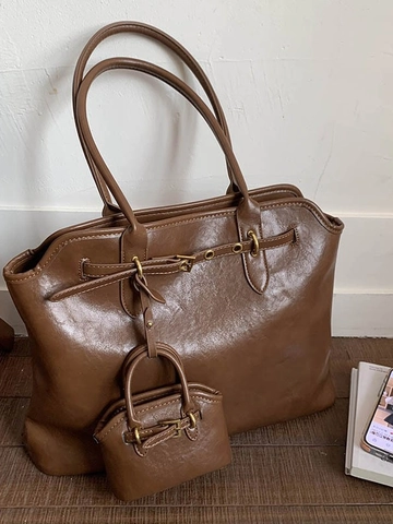 Sac Fourre-tout Rétro pour Femmes en Cuir PU Grande Capacité Avec Mini Pochette Surpiqûre Boucle Or Sac à Main d'Épaule