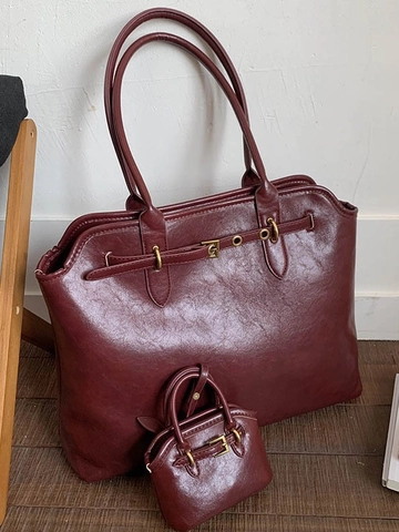 Sac Fourre-tout Rétro pour Femmes en Cuir PU Grande Capacité Avec Mini Pochette Surpiqûre Boucle Or Sac à Main d'Épaule