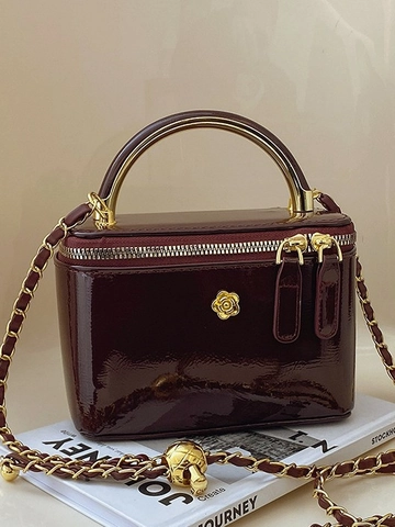 Mini Borsa Vanity in Pelle PU Lucida Alla Moda per Donna Borsa a Tracolla a Scatola Retro Camelia Con Manico in Metallo e Catena