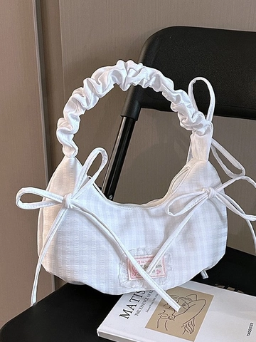 Sac sous le bras pour Femme Avec Poignée Froncée Vichy Nœud Nylon Sac à Épaule Style Coréen Plissé Décontracté Bandoulière