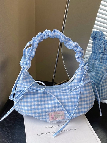 Sac sous le bras pour Femme Avec Poignée Froncée Vichy Nœud Nylon Sac à Épaule Style Coréen Plissé Décontracté Bandoulière