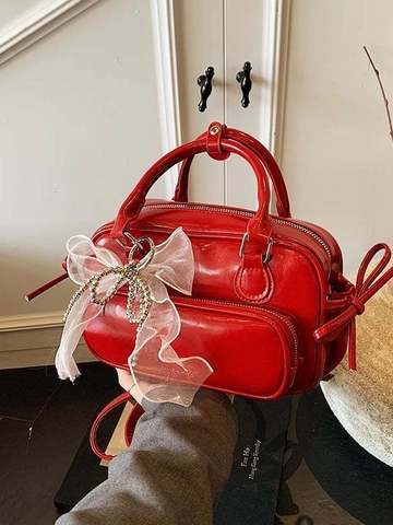 Borsa Boston da Donna in Pelle PU Lucida Con Pendente Perla a Fiocco Borsa a Tracolla Versatile Handbag Stile Coreano Borsa Quotidiana