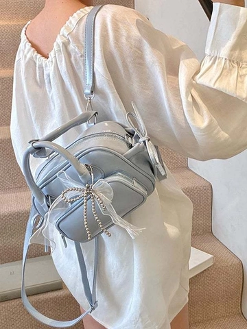 Borsa Boston da Donna in Pelle PU Lucida Con Pendente Perla a Fiocco Borsa a Tracolla Versatile Handbag Stile Coreano Borsa Quotidiana