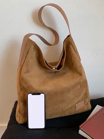 Gran Capacidad Mujer PU Esmerilado Cubo Bolsa Minimalista Tote Moda Bolso de Hombro Con Diseño de Puntada Retro Gamuza Textura Bolsa