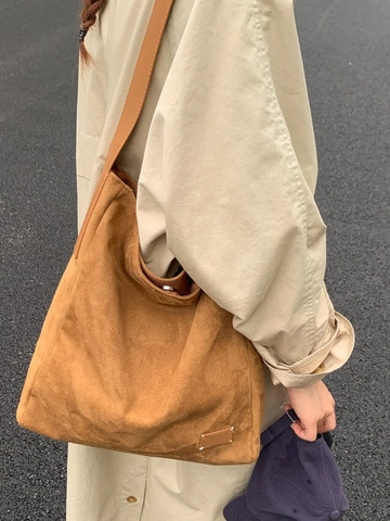 Gran Capacidad Mujer PU Esmerilado Cubo Bolsa Minimalista Tote Moda Bolso de Hombro Con Diseño de Puntada Retro Gamuza Textura Bolsa