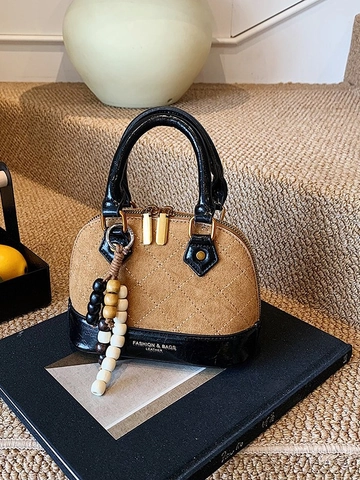 Bolso de Mano de Gamuza Acolchado para Mujer Bolso Bandolera Retro en Forma de Concha Con Colgante de Borla de Cuentas