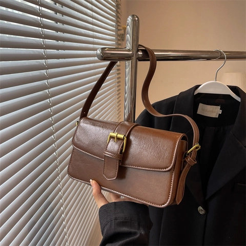 Vintage PU Leather Crossbody Bag For Women Fashion Urban Small Square Underarm Bag With Metal Buckle Solid Color Shoulder Bag
