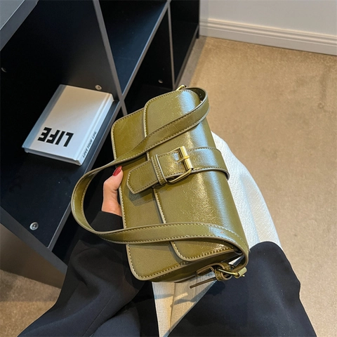 Vintage PU Leather Crossbody Bag For Women Fashion Urban Small Square Underarm Bag With Metal Buckle Solid Color Shoulder Bag