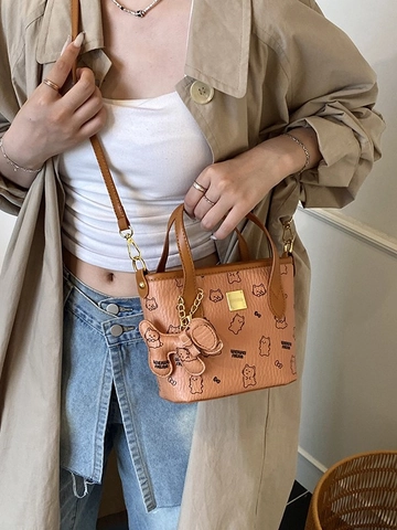 Damen Fashion PU Leder Mini Tote Eimer Tasche Süß Cartoon Bär Katze Druck Handtasche Schulter Umhängetasche Mit Anhänger Schmuck