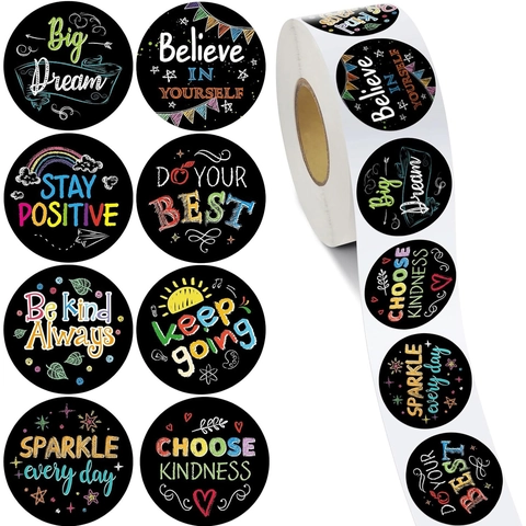 Rotolo di Adesivi Premi Motivazionali Stile Gesso Disegnato a Mano Citazioni Ispiratrici Etichette Autoadesive Rotonde per Studenti Insegnanti Decorazione Confezioni Regalo