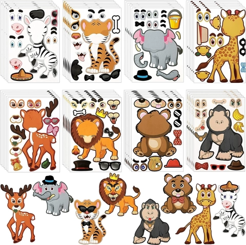 Adesivi per Bambini Fai-da-te Animali Mix e Match Cartone Animato Tigre Elefante Giraffa Puzzle Viso Adesivo per Regalo Festa