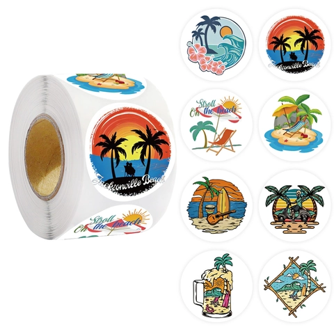 Adesivi Rotondi Spiaggia Tropicale Estiva Modello Tramonto Palma Etichette Sigillanti Decorative Per Scatola Regalo Fai Da Te Artigianato