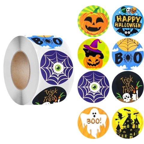 Halloween Cartoon Stickers Roll With Pumpkin Ghost Patterns For Party Decoration And Gift Sealing Durable Colorful Paper
