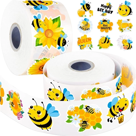Cartoon Bee Pattern Stickers Roll Yellow Bee Sunflower Self Adhesive Reward Labels For Kids Gift Box Decoration Waterproof Decals