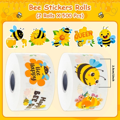 Cartoon Bee Pattern Stickers Roll Yellow Bee Sunflower Self Adhesive Reward Labels For Kids Gift Box Decoration Waterproof Decals