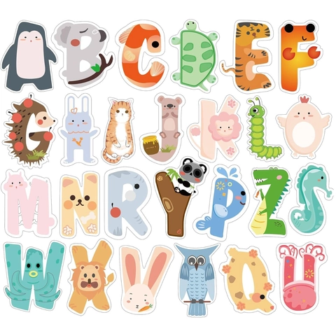 Adesivi Murali Alfabeto Animali Cartoni Animati Lettere Inglesi A-Z Colorate Per Decorazione Camera Bambini Aula Carta Patinata