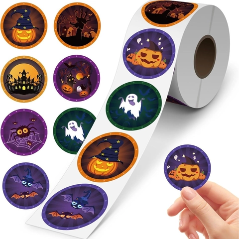 Rouleau d'Autocollants d'Halloween Motif Citrouille Fantôme Château Étiquettes Décoratives Auto-adhésives pour Emballage Cadeau Enfants
