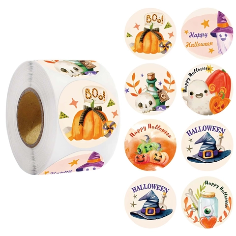 Feliz Halloween Pegatinas Redondas Autoadhesivas Para Niños Decoración De Regalos Patrón Calabaza Fantasma Sombrero De Mago Etiquetas