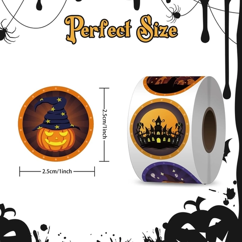Rouleau d'Autocollants d'Halloween Motif Citrouille Fantôme Château Étiquettes Décoratives Auto-adhésives pour Emballage Cadeau Enfants