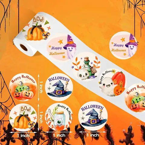 Feliz Halloween Pegatinas Redondas Autoadhesivas Para Niños Decoración De Regalos Patrón Calabaza Fantasma Sombrero De Mago Etiquetas