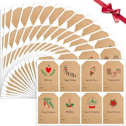 Étiquettes de Cadeau en Papier Kraft de Noël Autocollants Merry Christmas Happy Holiday To From Étiquettes pour Décoration de Cadeau