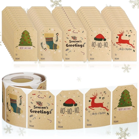 Rotolo Etichette Regalo in Carta Kraft Merry Christmas Adesivi Con Renna Pupazzo di Neve Albero Per Confezioni Regalo