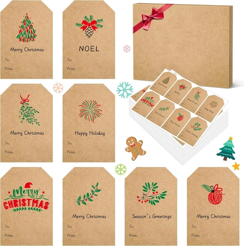 Etiquetas de Regalo de Papel Kraft de Navidad Pegatinas Autoadhesivas Merry Christmas Happy Holiday To From Etiquetas para Decoración de Regalos