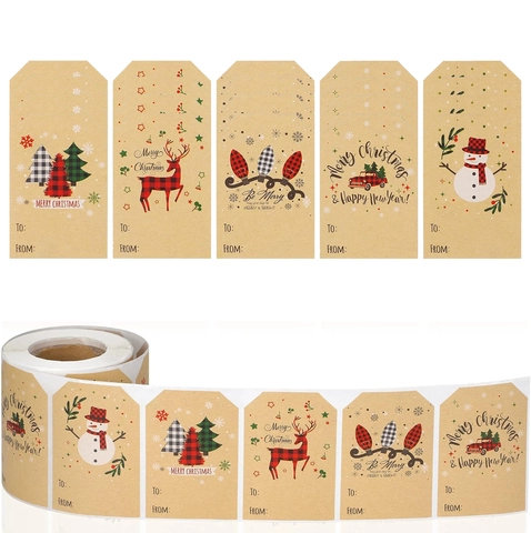 Merry Christmas Kraft Paper Gift Labels Roll Reindeer Snowman Tree To From Stickers For Holiday Decorative Wrapping