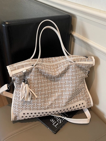 Große Kapazität Tweed Gewebt Tragetasche Für Damen Retro Nieten Quaste Dekor Handtasche Mit Verstellbarem Gurt Mode Pendler Tasche