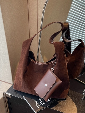 Sac Hobo en Cuir PU à Texture Daim Vintage pour Femmes Sac à Bandoulière Tote Grande Capacité Avec Pochette Amovible Sac Sous le Bras