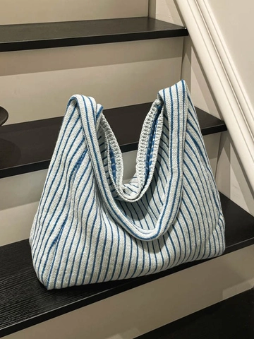 Damen Gestreifte Gestrickte Tragetasche Große Kapazität Plüsch Schultertasche Mit Perlenanhänger Lässige Pendler Handtasche