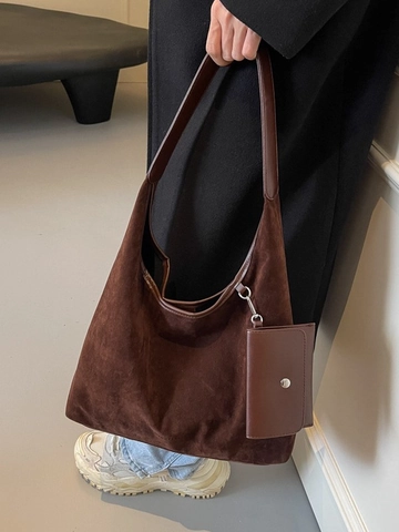 Sac Hobo en Cuir PU à Texture Daim Vintage pour Femmes Sac à Bandoulière Tote Grande Capacité Avec Pochette Amovible Sac Sous le Bras