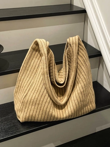 Damen Gestreifte Gestrickte Tragetasche Große Kapazität Plüsch Schultertasche Mit Perlenanhänger Lässige Pendler Handtasche