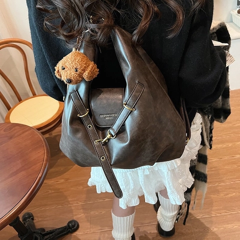 Retro Large Capacity PU Leather Shoulder Bag For Women Vintage Hobo Tote Bag With Plush Puppy Charm Adjustable Strap
