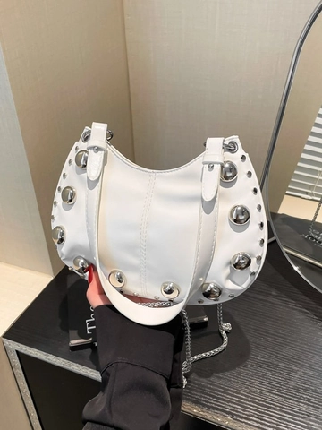 Borsa Hobo Retrò da Donna in Pelle PU a Mezza Luna Borsa a Spalla con Borchie a Sfera d'Argento Tracolla a Catena Sottobraccio