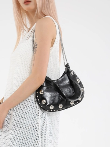 Borsa Hobo Retrò da Donna in Pelle PU a Mezza Luna Borsa a Spalla con Borchie a Sfera d'Argento Tracolla a Catena Sottobraccio