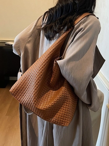 Retro Gewebte PU Leder Achsel Tragetasche Für Damen Große Kapazität Urban Einfache Lässige Tägliche Pendler Umhängetasche Handtasche